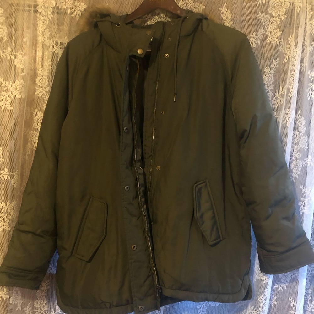 Olive puffer jacket with fur hood